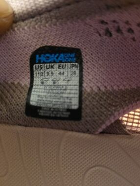 Hoka One One Pink and Cream Running Shoe Interior Label Size 11W